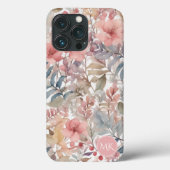 Roze Wildbloem Bloemen Waterverf Monogram Case-Mate iPhone Case (Achterkant)