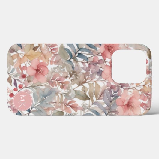 Roze Wildbloem Bloemen Waterverf Monogram Case-Mate iPhone Case (Achterkant (horizontaal))