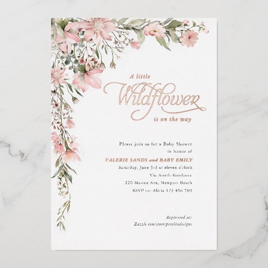 Roze Wildbloem en groen Baby Meisje Douche Folie Uitnodiging (Voorkant)