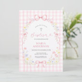 Roze WILDBLOEM Gingham Bloemendoop Uitnodiging (Staand voorkant)