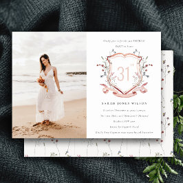 Roze Wildbloem Monogram Crest Foto Birthday Kaart