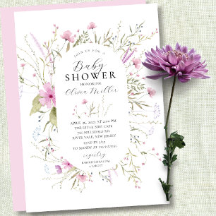 Roze Wildbloemen Baby shower Kaart