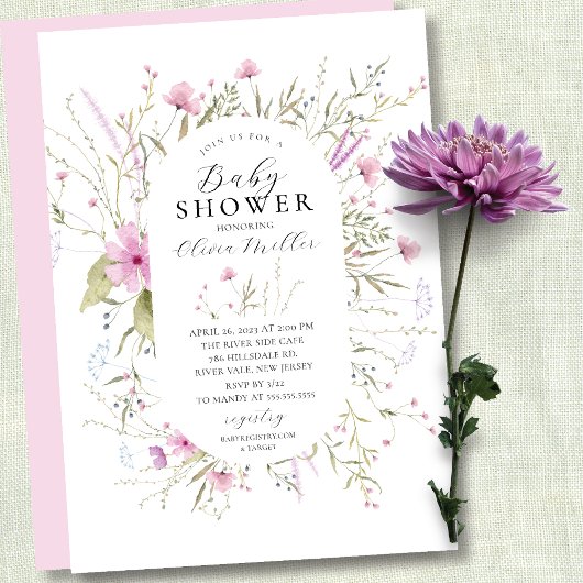 Roze Wildbloemen Baby shower Kaart