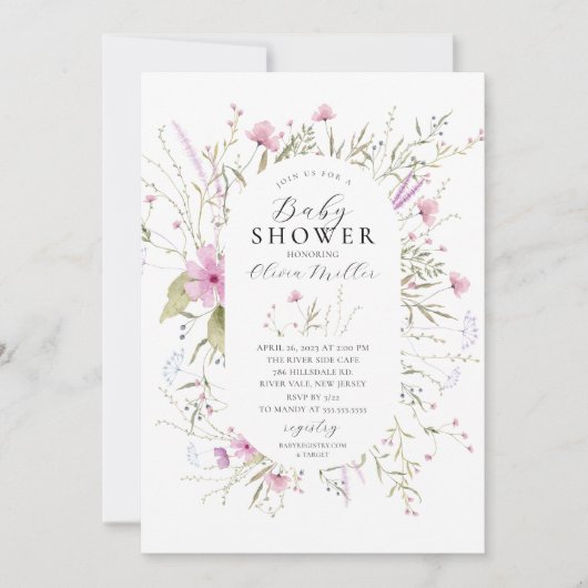 Roze Wildbloemen Baby shower Kaart (Voorkant)