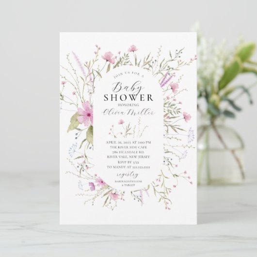 Roze Wildbloemen Baby shower Kaart (Staand voorkant)