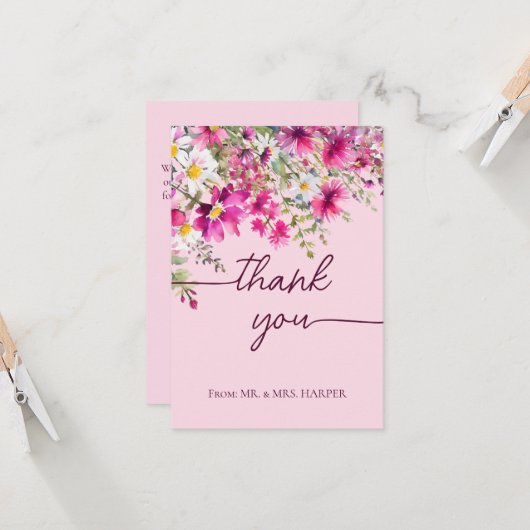 Roze Wildbloemen bloemenkalligrafie Dank u Kaart (Voorkant / Achterkant in situ)