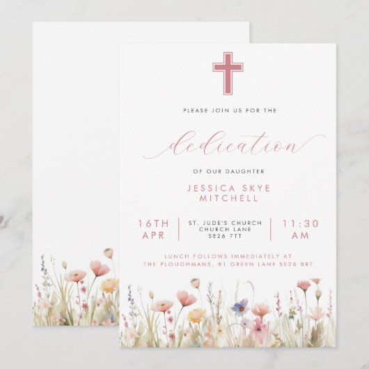 Roze Wildbloemen Cross & Script Baby Toewijding in Kaart (Voorkant / Achterkant)