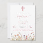 Roze Wildbloemen Cross & Script Doop Kaart (Voorkant)