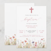 Roze Wildbloemen Cross & Script Doop Kaart (Voorkant / Achterkant)