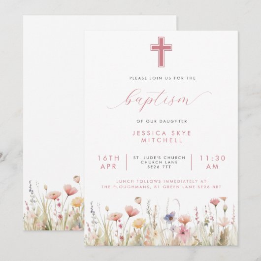 Roze Wildbloemen Cross & Script Doop Kaart (Voorkant / Achterkant)