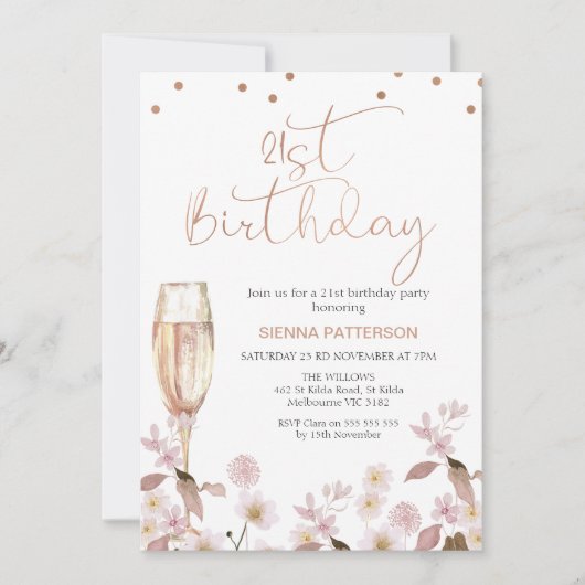 Roze Wildbloemen Glas 21e Verjaardag Uitnodiging (Voorkant)