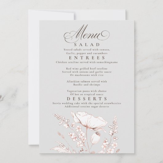 Roze Wildbloemen Grijs en Wit Bruiloft Menu Kaart (Voorkant)