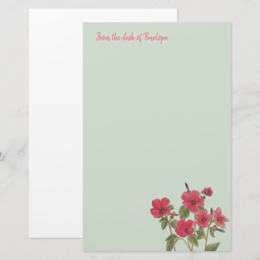 Roze Wildbloemen op Sage Groen met Naam Bloemen Briefpapier (Voorkant / Achterkant)