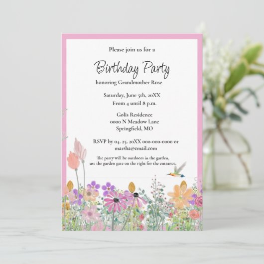 Roze Wildbloemen Uitnodiging voor verjaardagsfeest (Staand voorkant)
