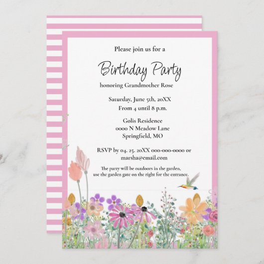 Roze Wildbloemen Uitnodiging voor verjaardagsfeest (Voorkant / Achterkant)