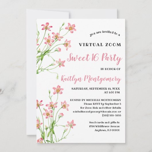 Roze Wildbloemen Virtual Sweet 16 Verjaardagsfeest Kaart (Voorkant)