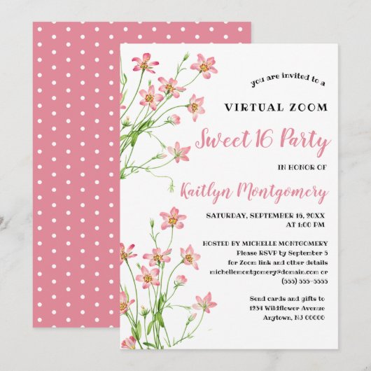 Roze Wildbloemen Virtual Sweet 16 Verjaardagsfeest Kaart (Voorkant / Achterkant)