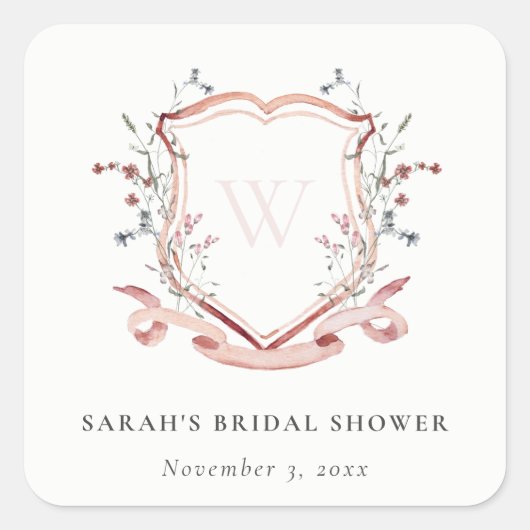 Roze wilde bloem aquarel kuif bruiloftsshower vierkante sticker (Voorkant)