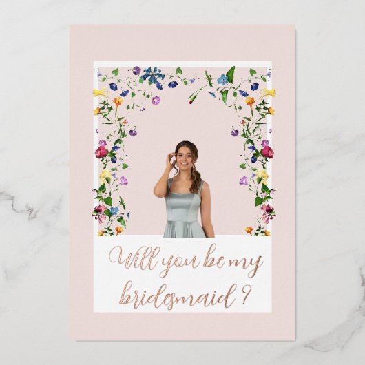 Roze Wilde Bloem Bruidsmeisje Folie Uitnodiging (Voorkant)