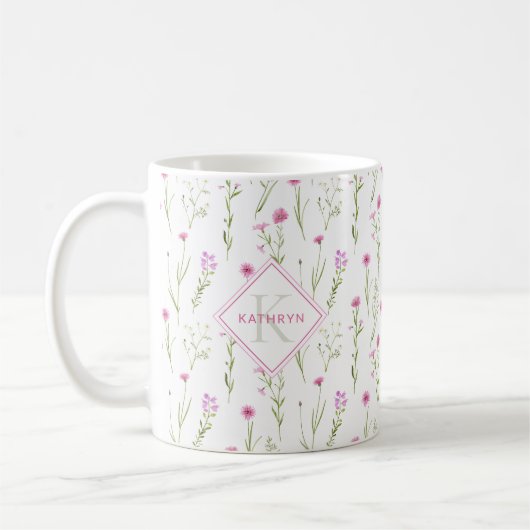 Roze Wilde Bloem Geïllustreerd Monogram Koffiemok (Links)