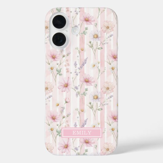 Roze Wilde Bloem Gestreept Met Monogram Case-Mate iPhone Case (Achterkant)