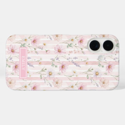 Roze Wilde Bloem Gestreept Met Monogram Case-Mate iPhone Case (Achterkant (horizontaal))