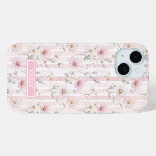 Roze Wilde Bloem Gestreepte Monogram Case-Mate iPhone Case (Achterkant (horizontaal))