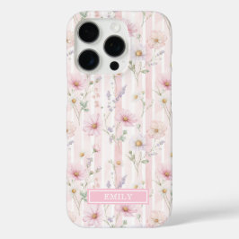 Roze Wilde Bloem Gestreepte Monogram iPhone 16 Pro Hoesje