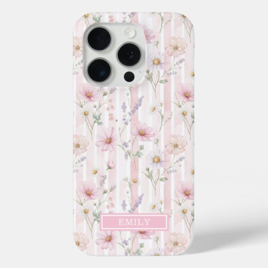 Roze Wilde Bloem Gestreepte Monogram Case-Mate iPhone Case (Achterkant)