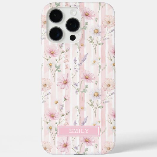 Roze Wilde Bloem Gestreepte Monogram Case-Mate iPhone Case (Achterkant)