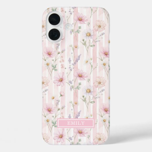 Roze Wilde Bloem Gestreepte Monogram Case-Mate iPhone Case (Achterkant)