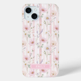 Roze Wilde Bloem Gestreepte Monogram iPhone 15 Mini Hoesje