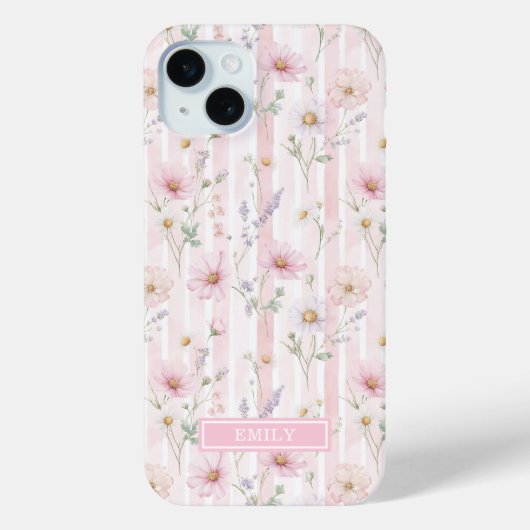 Roze Wilde Bloem Gestreepte Monogram Case-Mate iPhone Case (Achterkant)