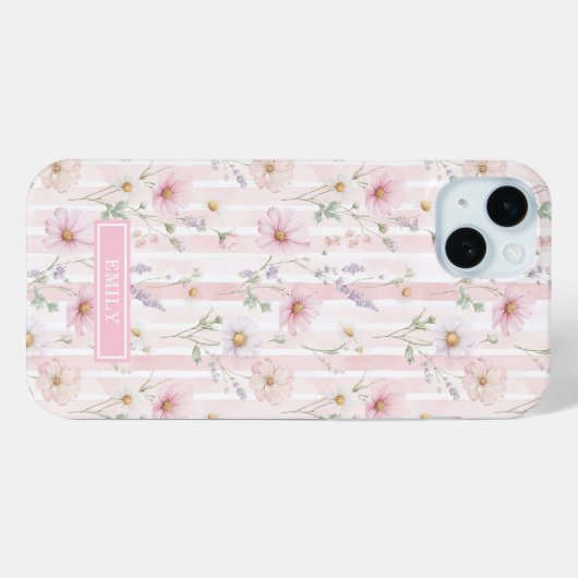 Roze Wilde Bloem Gestreepte Monogram Case-Mate iPhone Case (Achterkant (horizontaal))