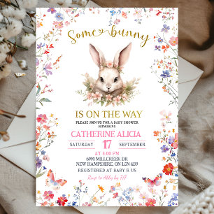 Roze Wilde Bloem Konijn Baby Shower Kaart