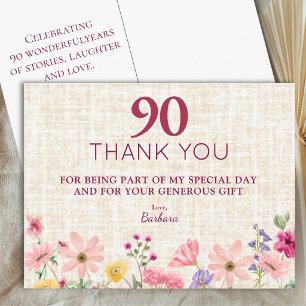 Roze wilde bloem linnen bedankje voor 90ste verjaa briefkaart