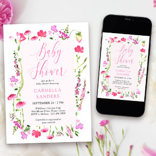 Roze wilde bloem meisje baby shower bescheiden blo kaart