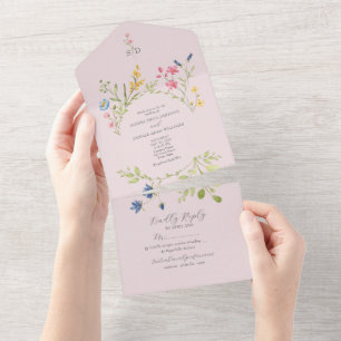 Roze Wilde Bloem Rustieke Boho Bruiloft All In One Uitnodiging