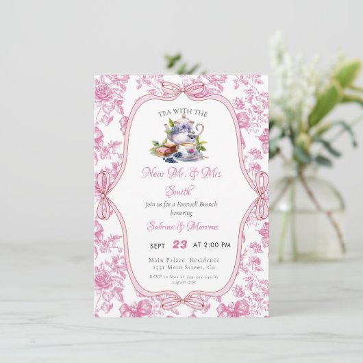 Roze wilde bloem Theepartij Afscheidsbrunch Kaart (Staand voorkant)