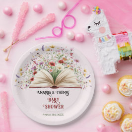 Roze wilde bloem Verhaalboek Blauwe baby shower Papieren Bordje