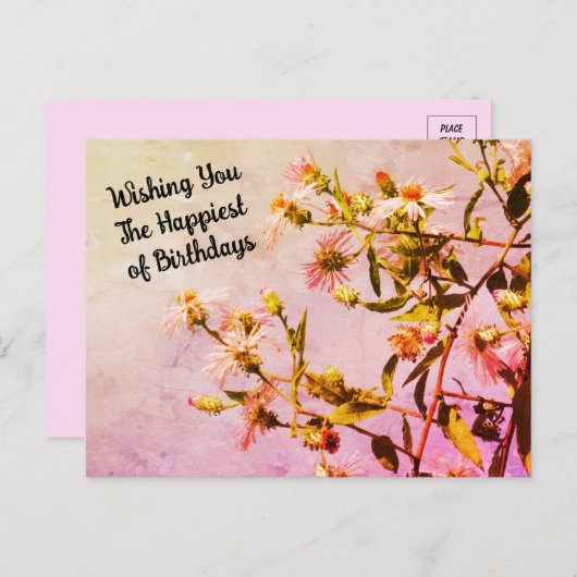 Roze Wilde Bloem Verjaardagsansichtkaart Briefkaart (Voorkant / Achterkant)