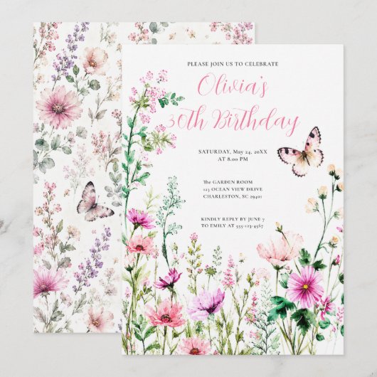 Roze Wilde Bloem Verjaardagsbloementuin Kaart (Voorkant / Achterkant)