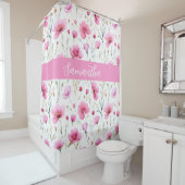 Roze Wilde Bloem Waterverf Aangepaste Naam Douchegordijn (In situ)