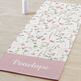 Roze Wilde Bloem Waterverf Aangepaste Naam Yogamat
