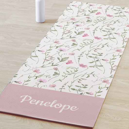 Roze Wilde Bloem Waterverf Aangepaste Naam Yogamat