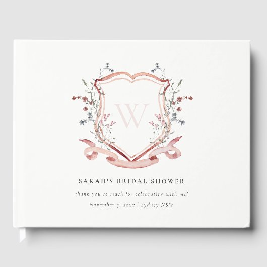 Roze wilde bloem waterverf crest bruiloftsdouche gastenboek (Voorkant)