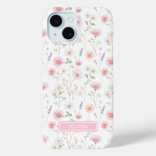 Roze Wilde Bloem Waterverf Monogram Case-Mate iPhone Case (Achterkant)