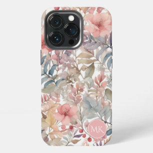 Roze Wilde Bloem Waterverf Monogram iPhone 13 Pro Hoesje