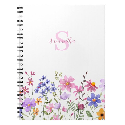 Roze wilde bloem waterverf monogram naam notitieboek (Voorkant)