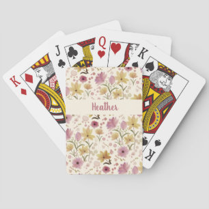 Roze wilde bloem waterverf monogram naam pokerkaarten